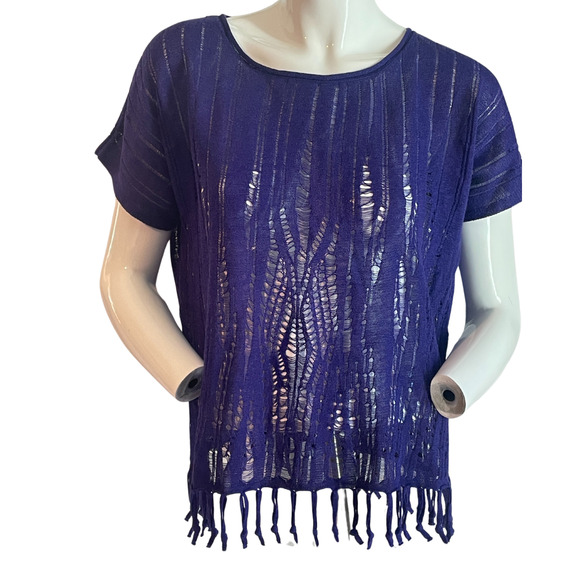 3-FOR-$30 Chico's Sz 0 S 4 Baja Fringe Pullover Sweater Open Knit Purple Boho - Picture 1 of 12